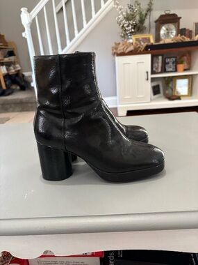 H&M Black Patent Platform Block Heel Ankle Boots